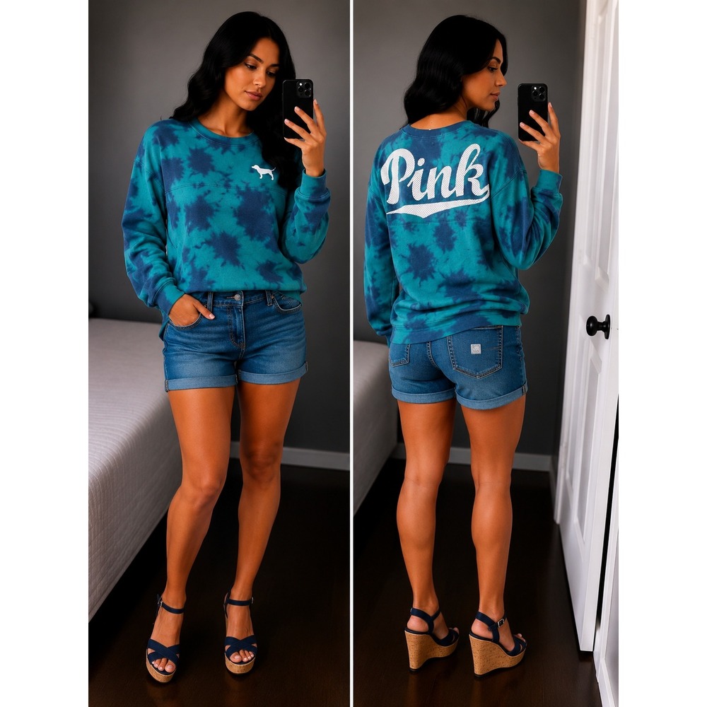 Victoria's Secret PINK Women Small Teal Blue Tie Dye Crewneck Graphic Sweatshirt